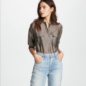 JOIE Lidelle Button Up Sheen Blouse in Moss NWT Size XS